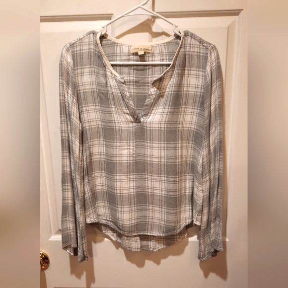 Cloth & Stone For Anthropology Gray Plaid Flannel Long Sleeve Blouse size XS - Picture 7 of 11